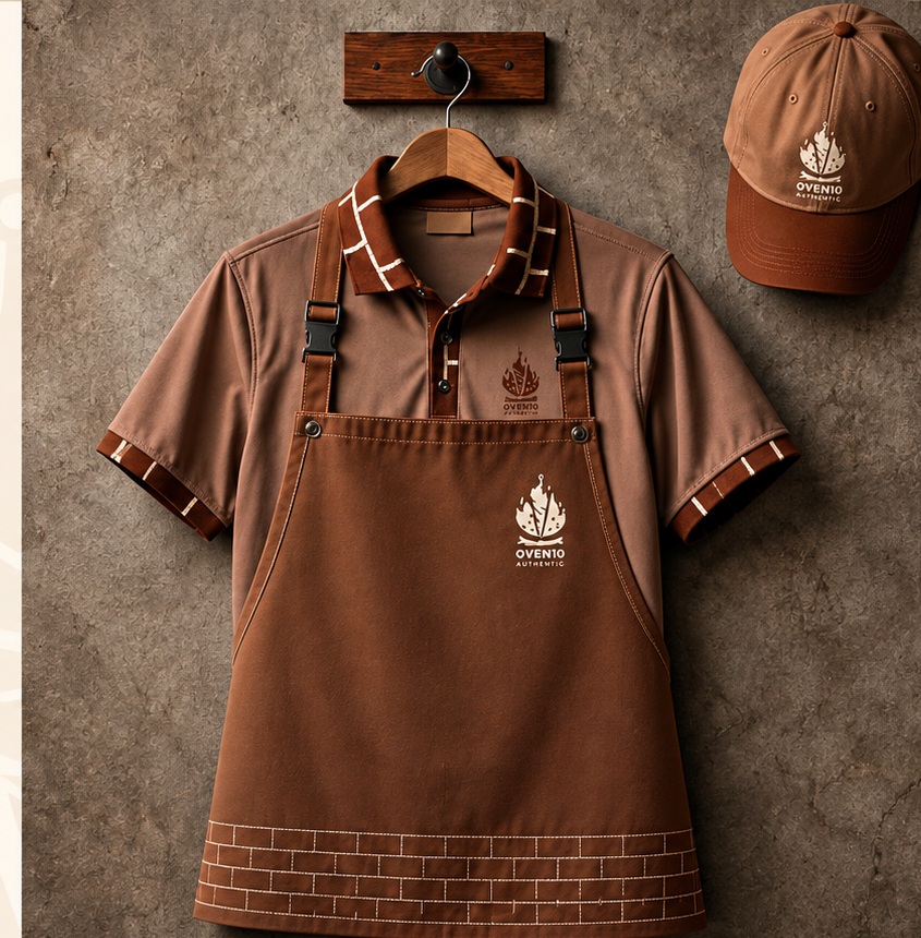 Oven10 brown uniform and cap with the restaurant branding